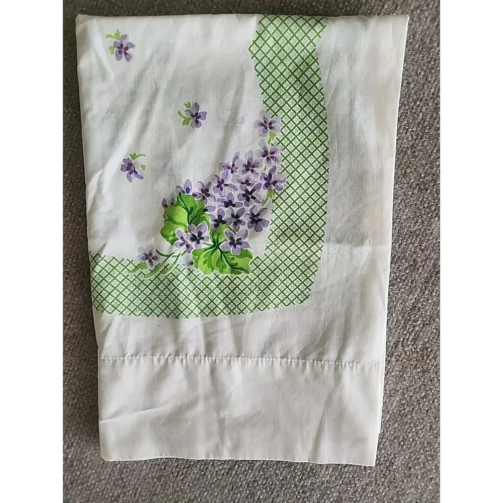 Vintage Fieldcrest Cotton Blend Standard Pillowcase Purple Violets Green Lattice